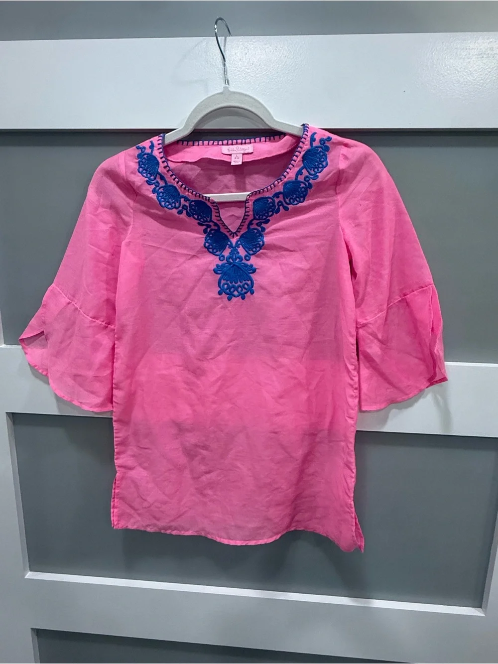 Lilly Pulitzer Pink Swim Coverup with Blue Embroidered V-Neck